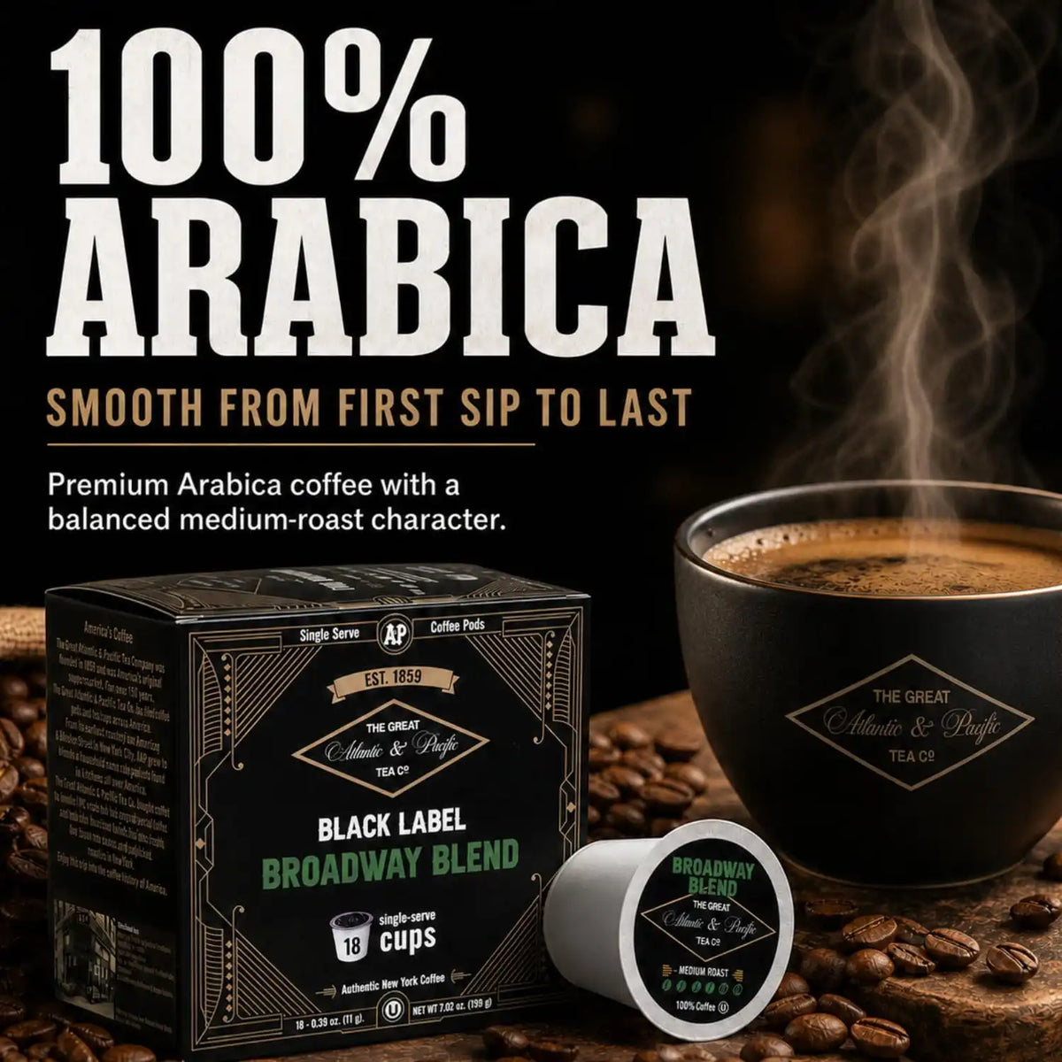 A&P Broadway Blend Medium Roast Coffee Pods, 100% Arabica, 72 Count