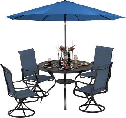 SUNCROWN 6-Piece Outdoor Dining Set, All Weather Patio Furniture Sets with 4 Dark Blue Swivel Textilene Mesh Chairs & Round Metal Table & 1 Dark Blue 9Ft Umbrella for Deck Garden Backyard Poolside