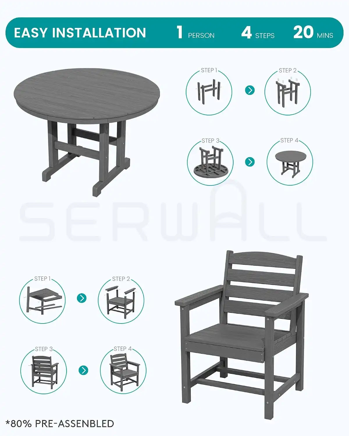 SERWALL 5-Piece Patio Round Dining Set, 45" Table, 4 Chairs, Grey