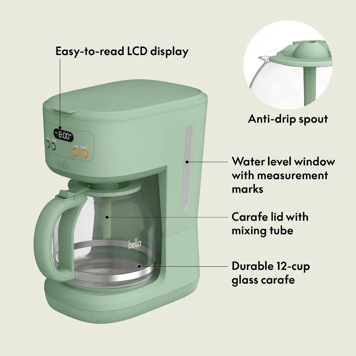BELLA 12 Cup Programmable Coffee Maker, Reusable Dishwasher Safe Accessories, Easy LCD display, Auto Shutoff, 900 watt, Seaglass