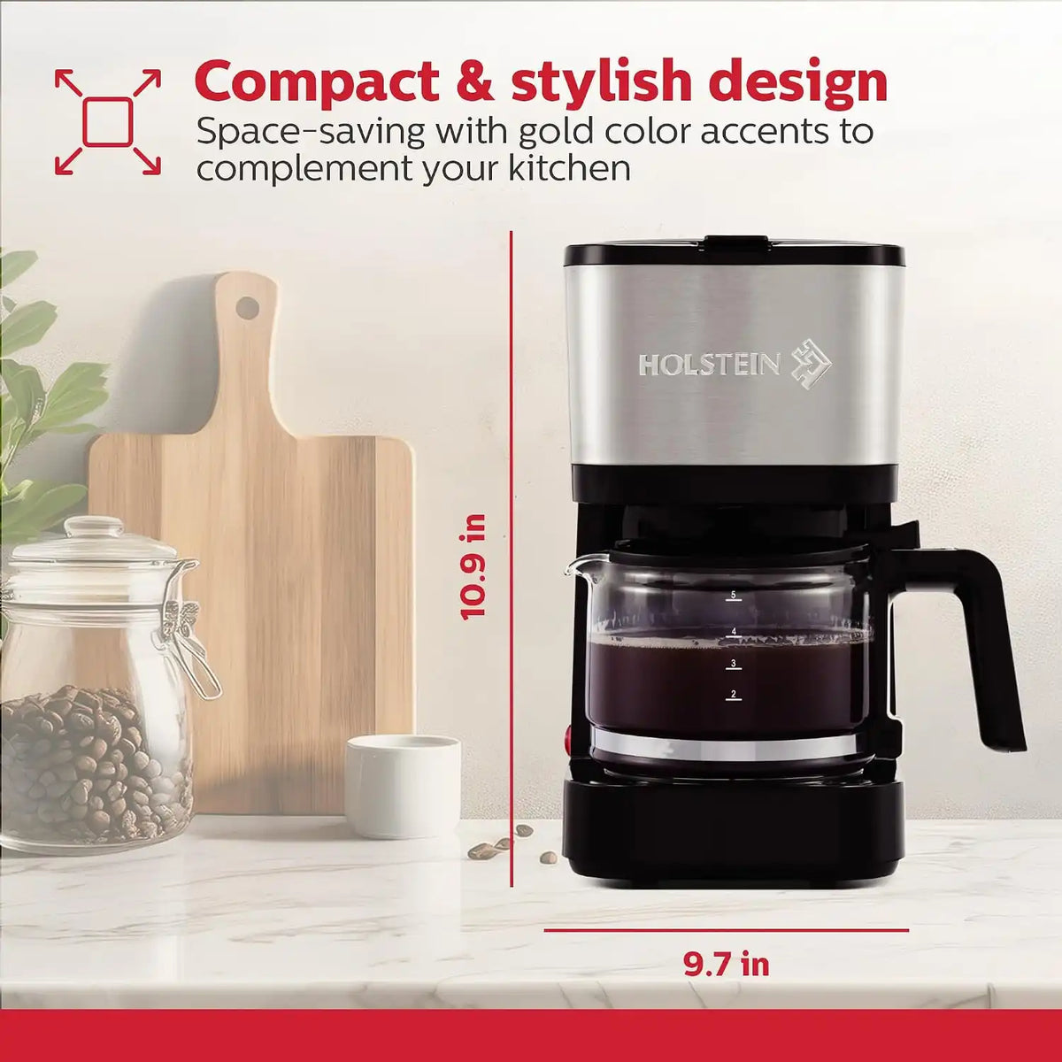 Holstein Housewares Simply Brew Stainless Steel Drip Coffee Maker 5 Cup Coffee with Reusable Filter, Drip Free, Dishwasher Safe Pot, Black