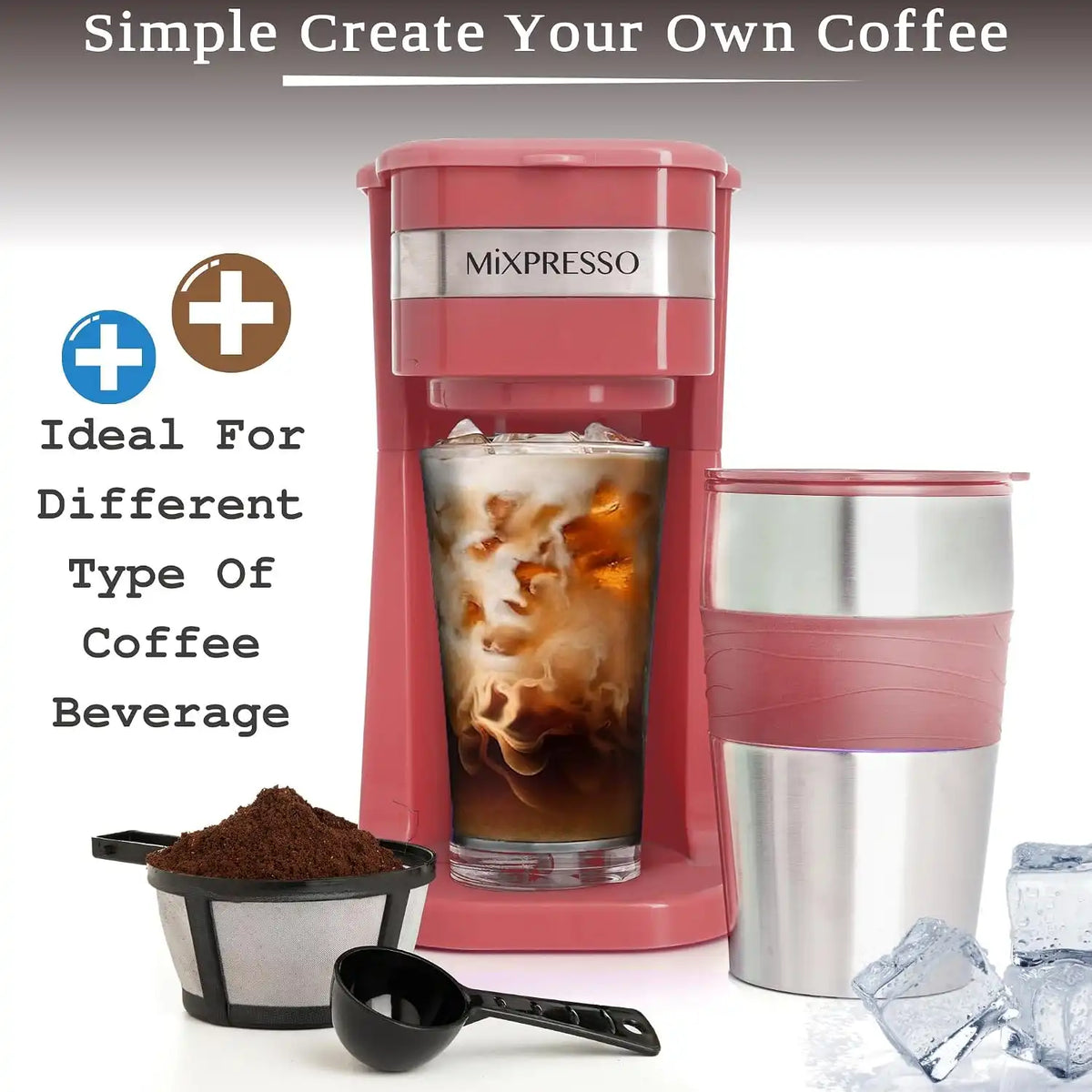 Mixpresso Single Serve & Single Cup Coffee Maker with 14oz Travel Mug Red