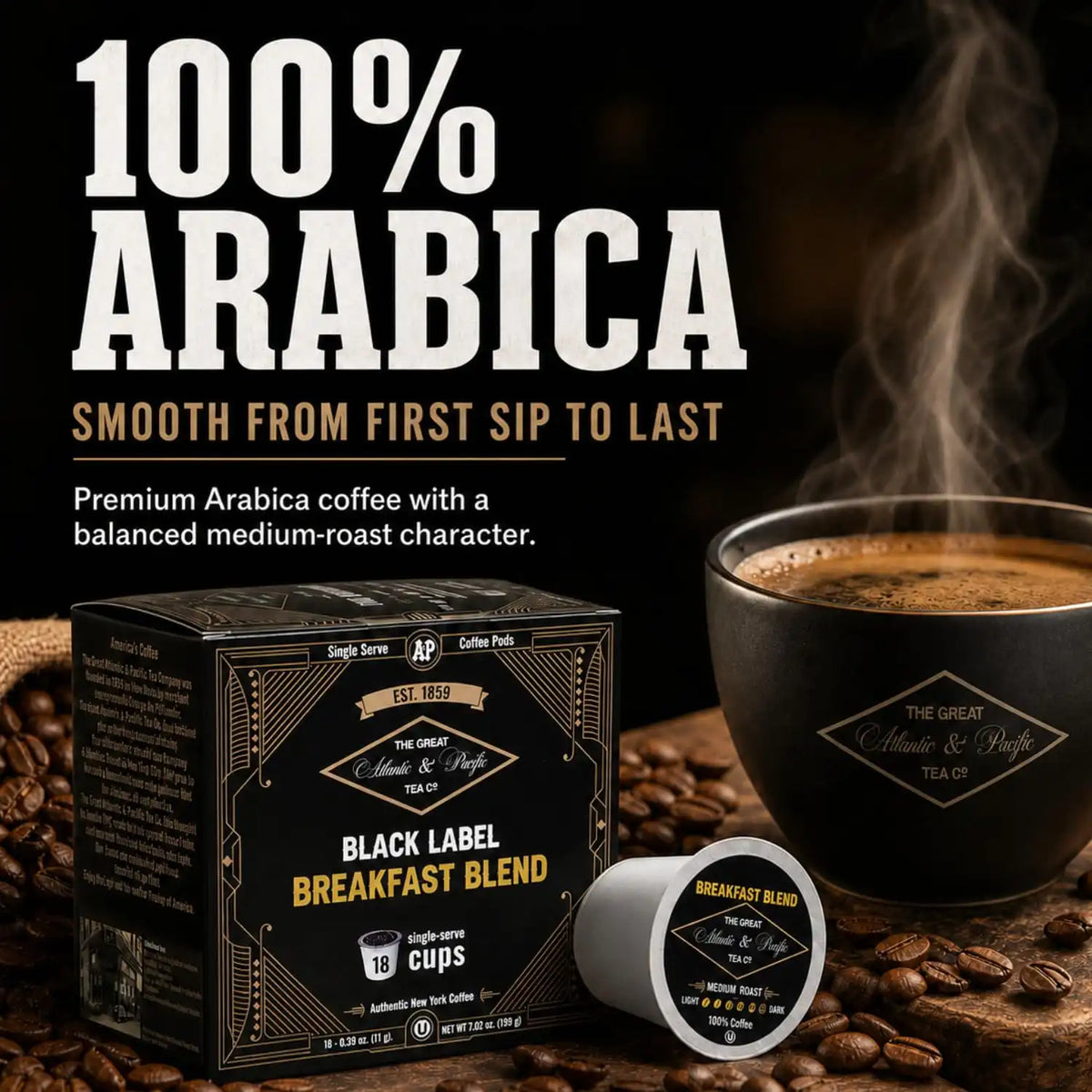 A&P Breakfast Blend Medium Roast Coffee Pods, 100% Arabica, 18 Count