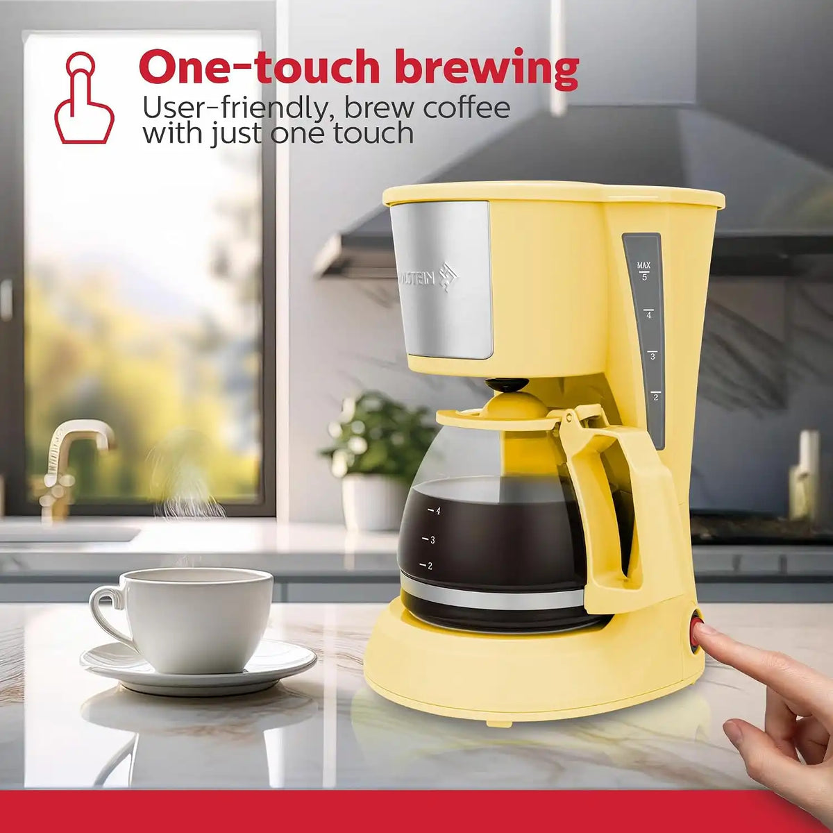 Holstein Housewares - 5 Cup Drip Coffee Maker - Convenient and User Friendly with Permanent Filter, Borosilicate Glass Carafe, Water Level Indicator, Auto Pause/Serve and Keep Warm Functions,Yellow