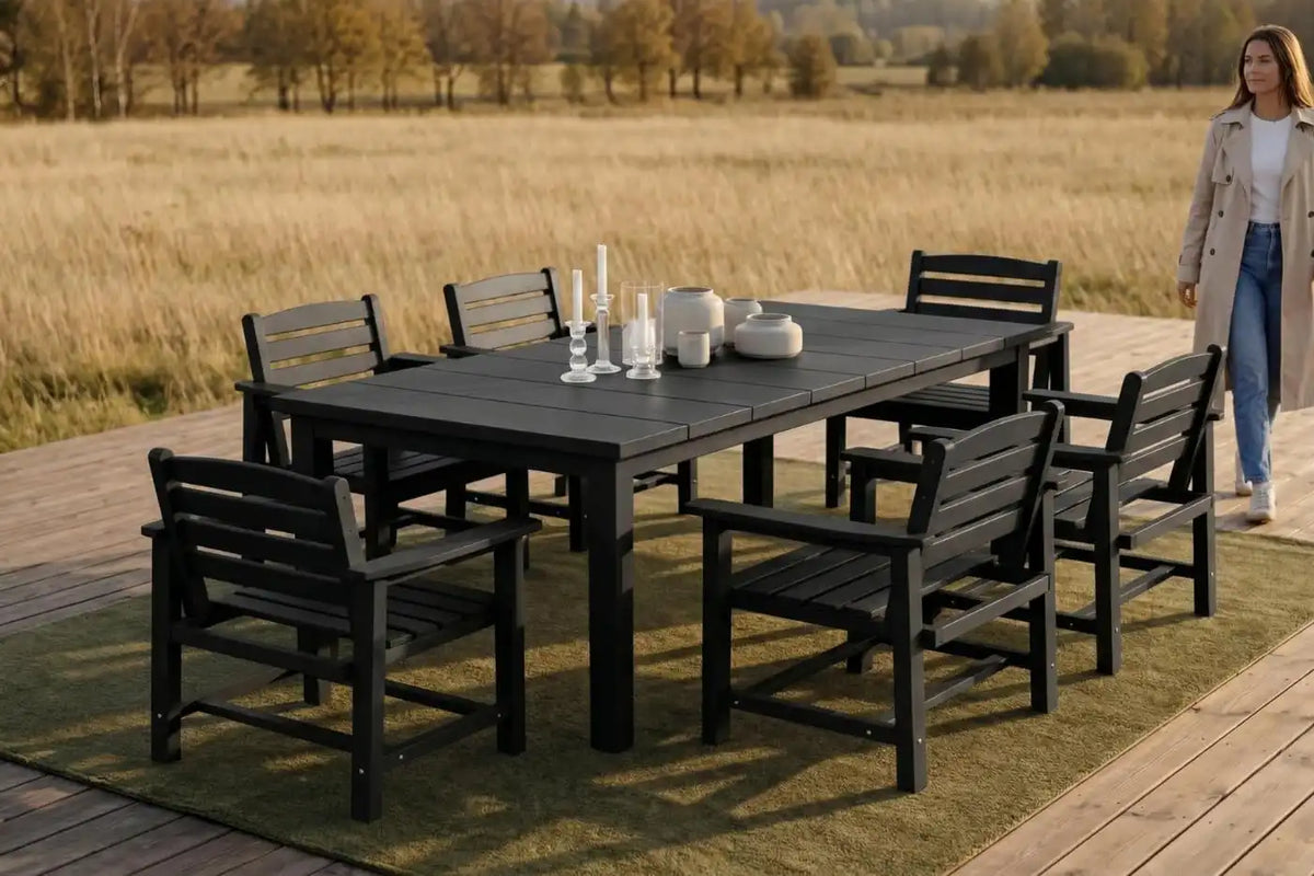 Perli™ 7-Piece Outdoor Dining Set, All-Weather HDPE Patio Furniture with 6 Ergonomic Chairs & Large Table, Built-in Umbrella Hole, UV-Resistant Set for Backyard, Deck, Poolside, Black