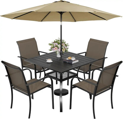 SUNCROWN 6 - Piece Outdoor Dining Set, Patio Furniture Set with 4 Textilene Dinning Chairs, 1 Steel Slat Metal Bistro Table and 1 Brown 9Ft Patio Umbrella for Lawn Garden Backyard Deck, Brown