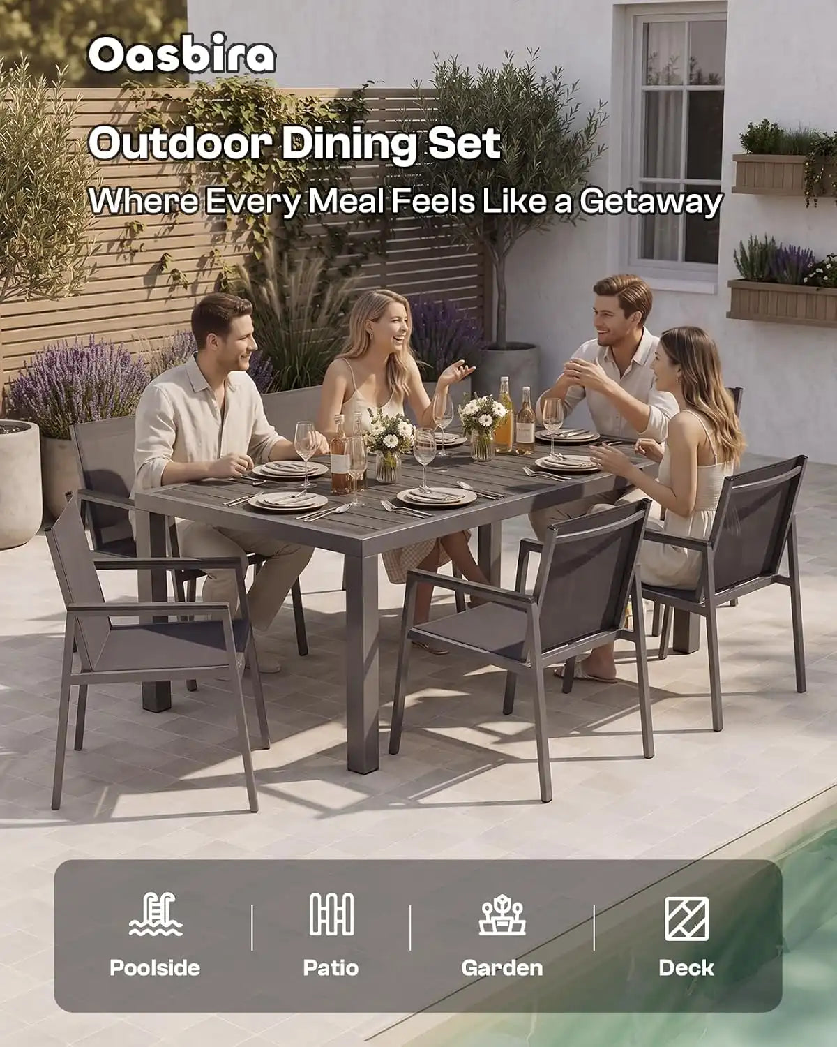 Outdoor Dining Set, 7 Piece Aluminum Patio Table and Chairs Set, All Weather Patio Dining Furniture Set with Umbrella Hole for Backyard, Deck, Poolside (Charcoal)