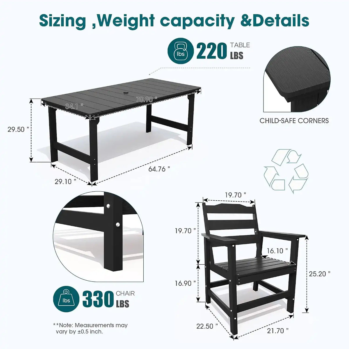 THOEOE Patio Dining Set for 6, HDPE 70 inch Outdoor Table and Chairs