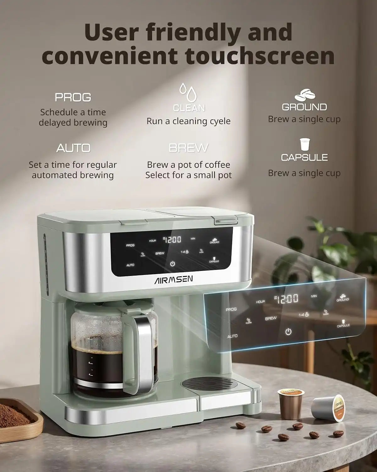 AIRMSEN 12-Cup Programmable Dual Coffee Maker – Single Serve Machine for K-Pods & Ground, 1000W Fast Brew, Delay Start, 2H Keep Warm, Touchscreen, 60oz Tank, Glass Carafe – Home & Office