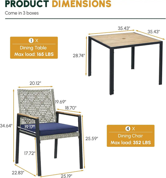 5 PCS Acacia Wood Patio Dining Set, Grey & Blue