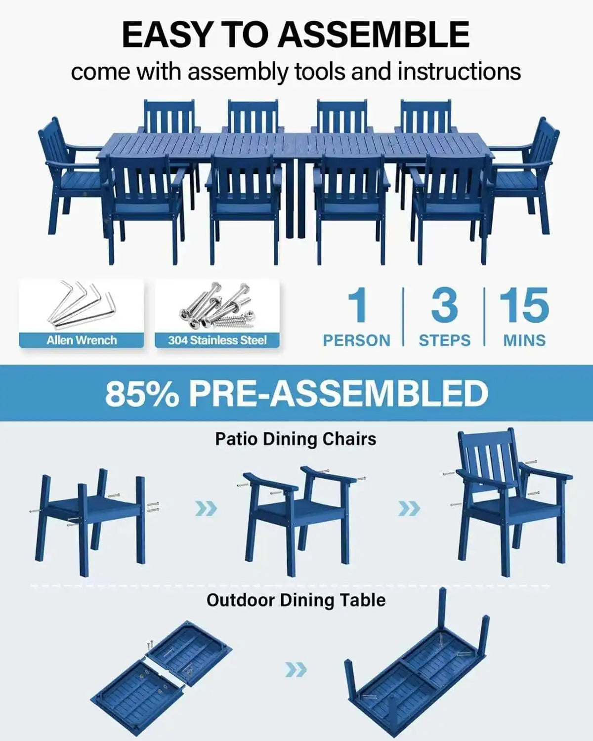 YEFU Outdoor Dining Set for 10, All-Weather HIPS, Aluminum Frame, Blue