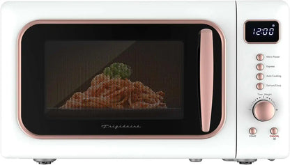 Frigidaire, 0.7 Cu. Ft. Retro Countertop Microwave Oven, 700W Compact Microwave with 8 Auto Cook Menus, Auto Defrost, 5 Power Levels, LED Display, Glass Turntable, White-RoseGold