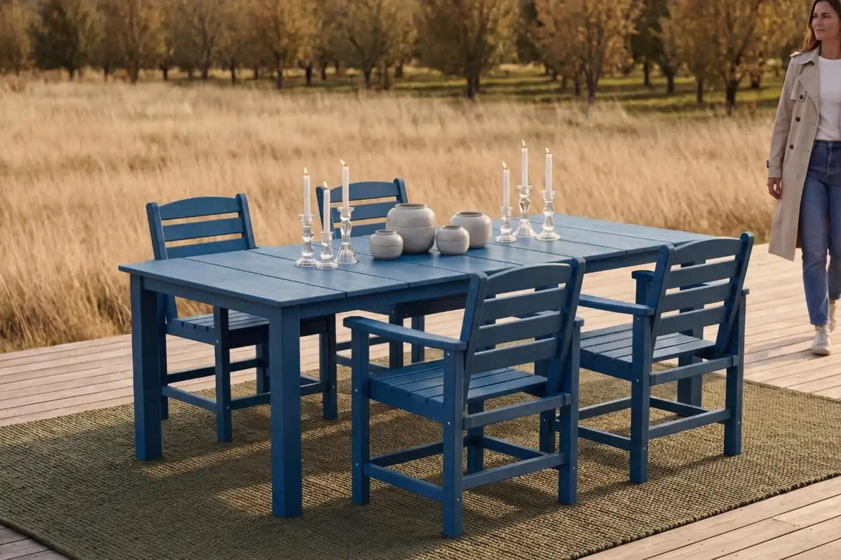 Perli™ 5-Piece Outdoor Dining Set, All-Weather HDPE Patio Furniture with 4 Armrest Chairs and Rectangular Table, UV-Resistant 4-Person Set for Deck, Backyard, Blue