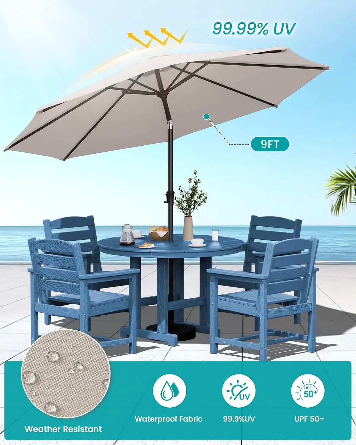 SERWALL 6-Pc Dining Set, 45" Table, 4 Chairs&9FT Umbrella, Navy (No Base)