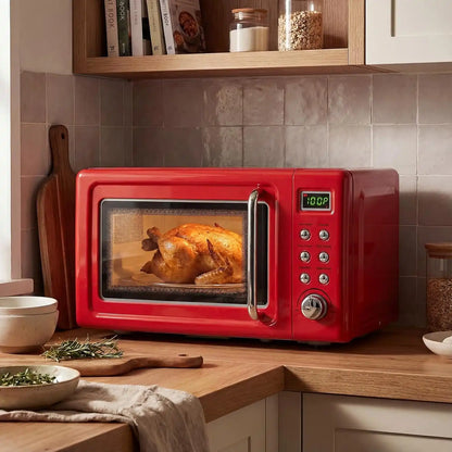 LDAILY 0.7Cu.ft Retro Small Microwave Oven, 700W Compact Countertop Microwave with 5 Power Levels, Auto Cooking Menus, Glass Turntable, Child Lock & Glass Turntable for Apartment, Dorm (Red)