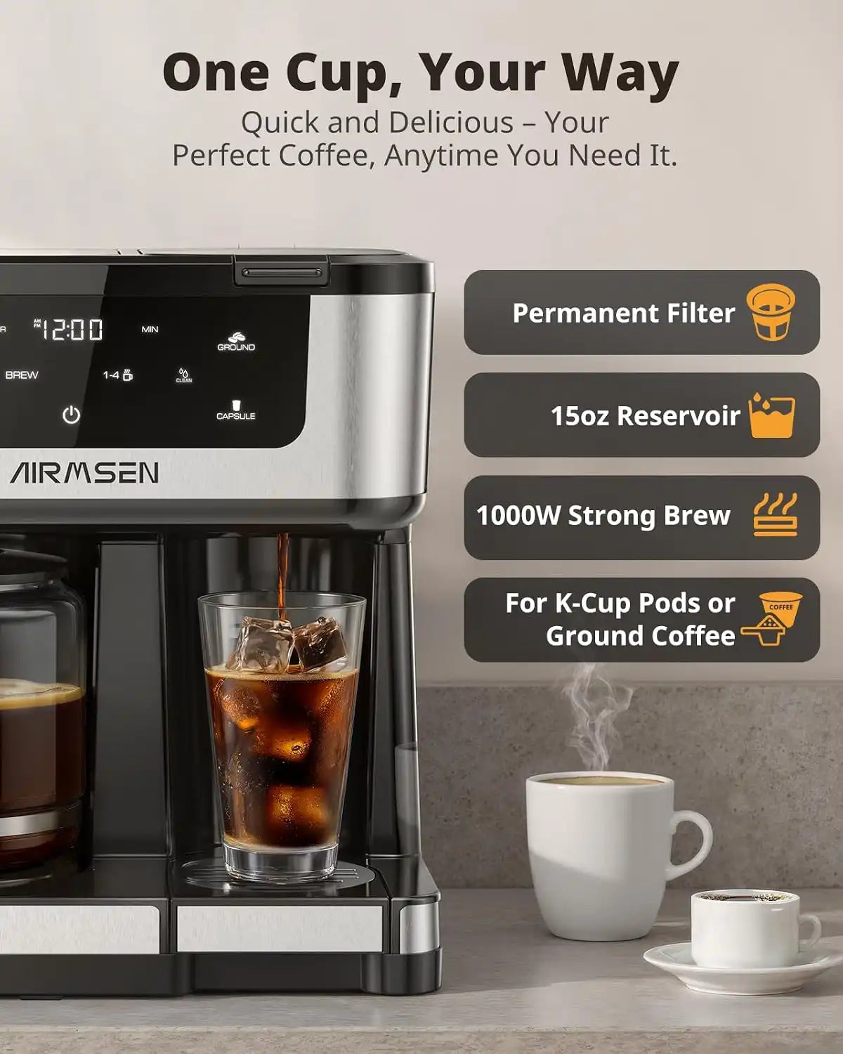 AIRMSEN 12-Cup Programmable Dual Coffee Maker – Single Serve Machine for K-Pods & Ground, 1000W Fast Brew, Delay Start, 2H Keep Warm, Touchscreen, 60oz Tank, Glass Carafe – Home & Office