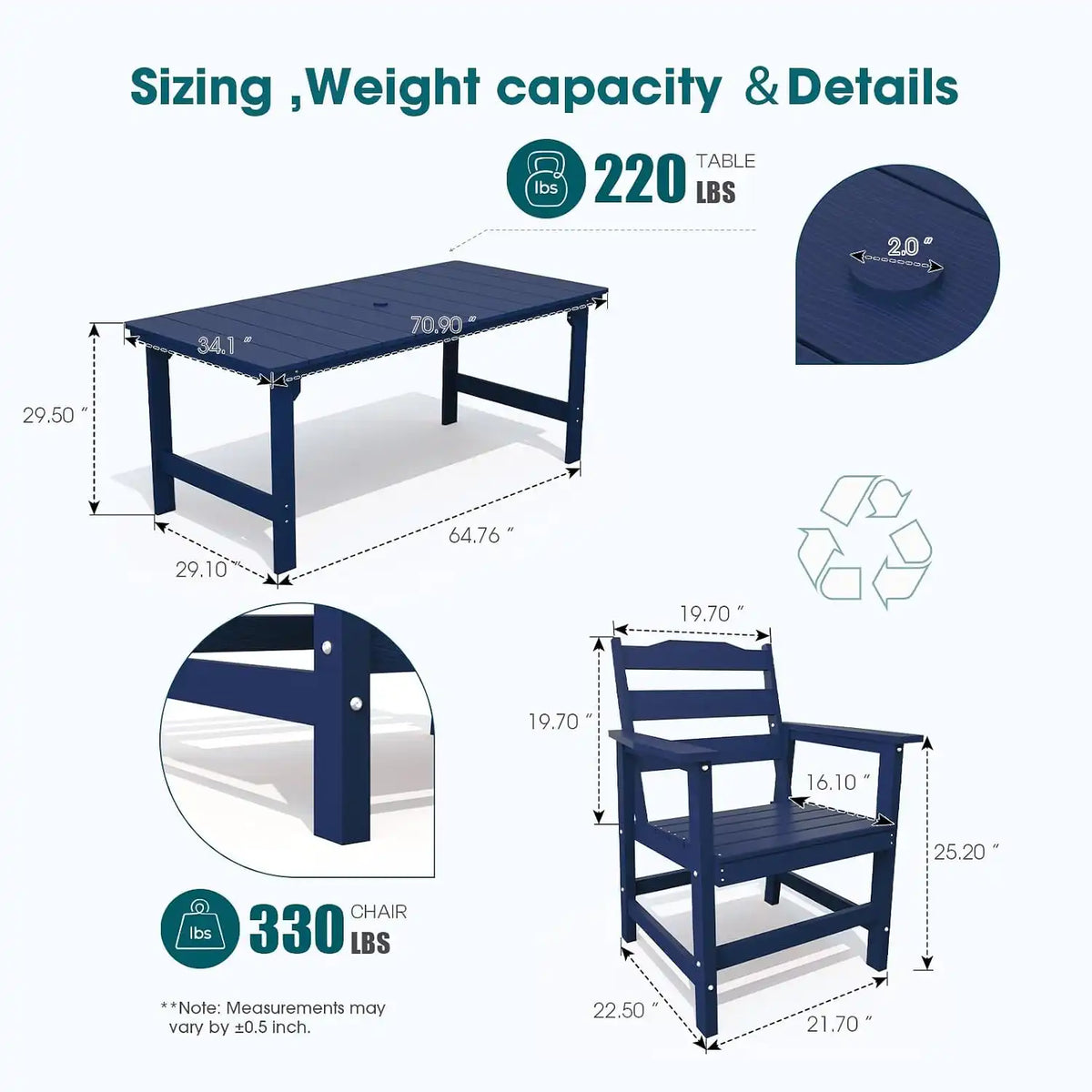 THOEOE Outdoor Dining Chair Set of 2, HDPE Patio Armchairs Navy Blue