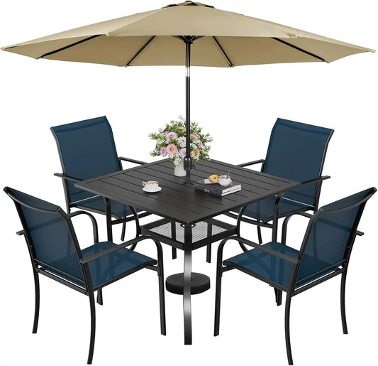 SUNCROWN 6 - Piece Outdoor Dining Set, Patio Furniture Set with 4 Textilene Dinning Chairs, 1 Steel Slat Metal Bistro Table and 1 Brown 9Ft Patio Umbrella for Lawn Garden Backyard Deck, Blue