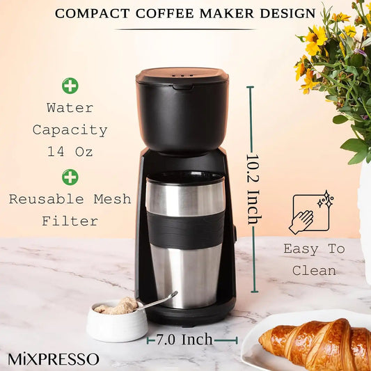Mixpresso Single Serve & Single Cup Coffee Maker with 14oz Travel Mug Black