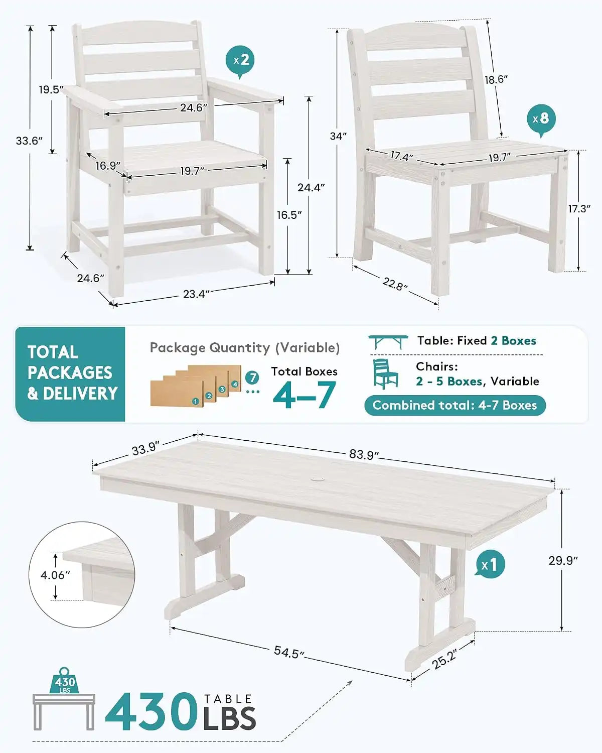 SERWALL 9Pcs HDPE Outdoor Dining Set w/6 Armless, 2 Armchairs for 8,White