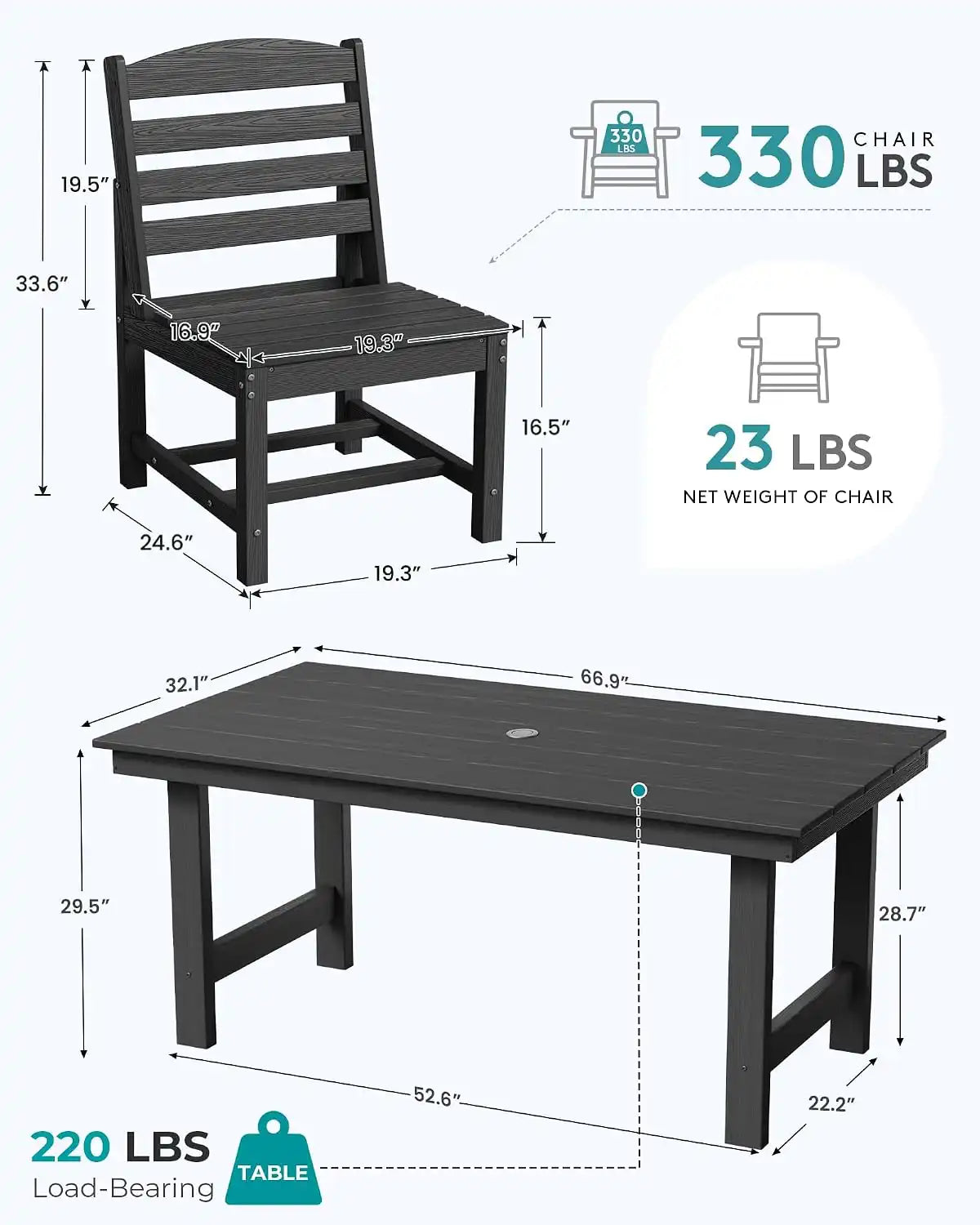 SERWALL Armless Outdoor Dining Set, Patio Dining Set for 6, Black