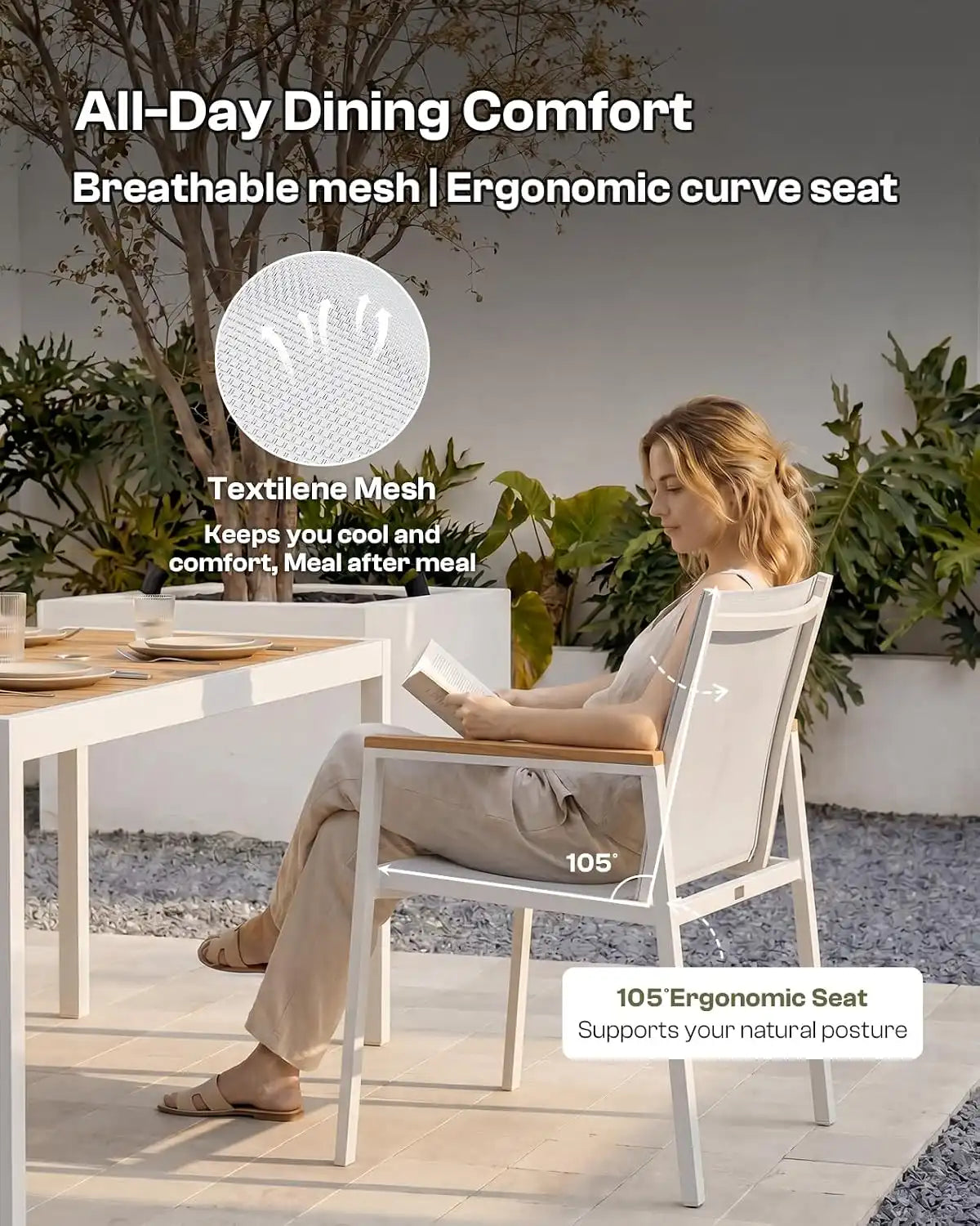 Outdoor Dining Chairs Set of 2, Aluminum Patio Armchairs, All Weather Patio Dining Furniture for Backyard, Deck, Poolside (White-Teak)