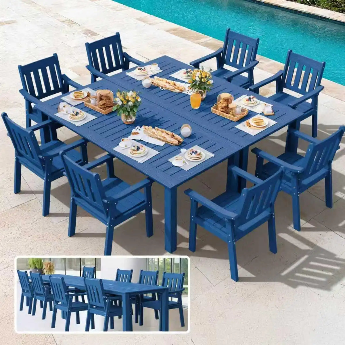 YEFU Outdoor Dining Set for 8, All-Weather HIPS, Metal Aluminum Frame, Blue