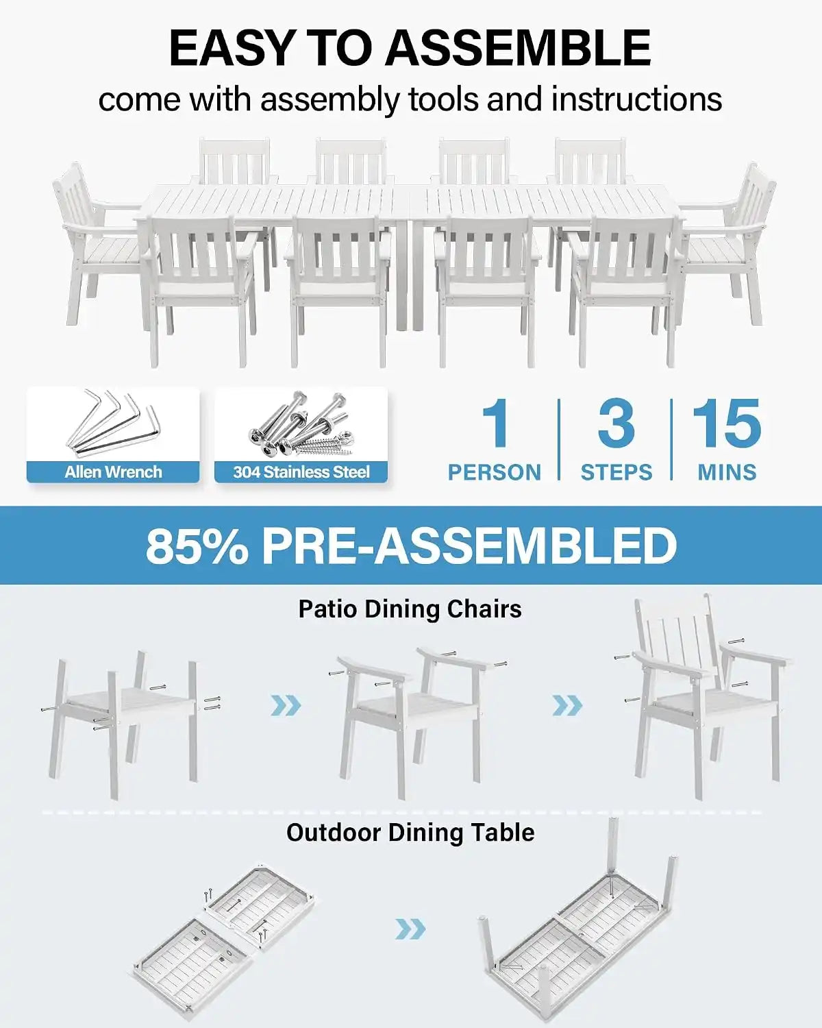 YEFU Outdoor Dining Set for 10, All-Weather HIPS, Aluminum Frame, White