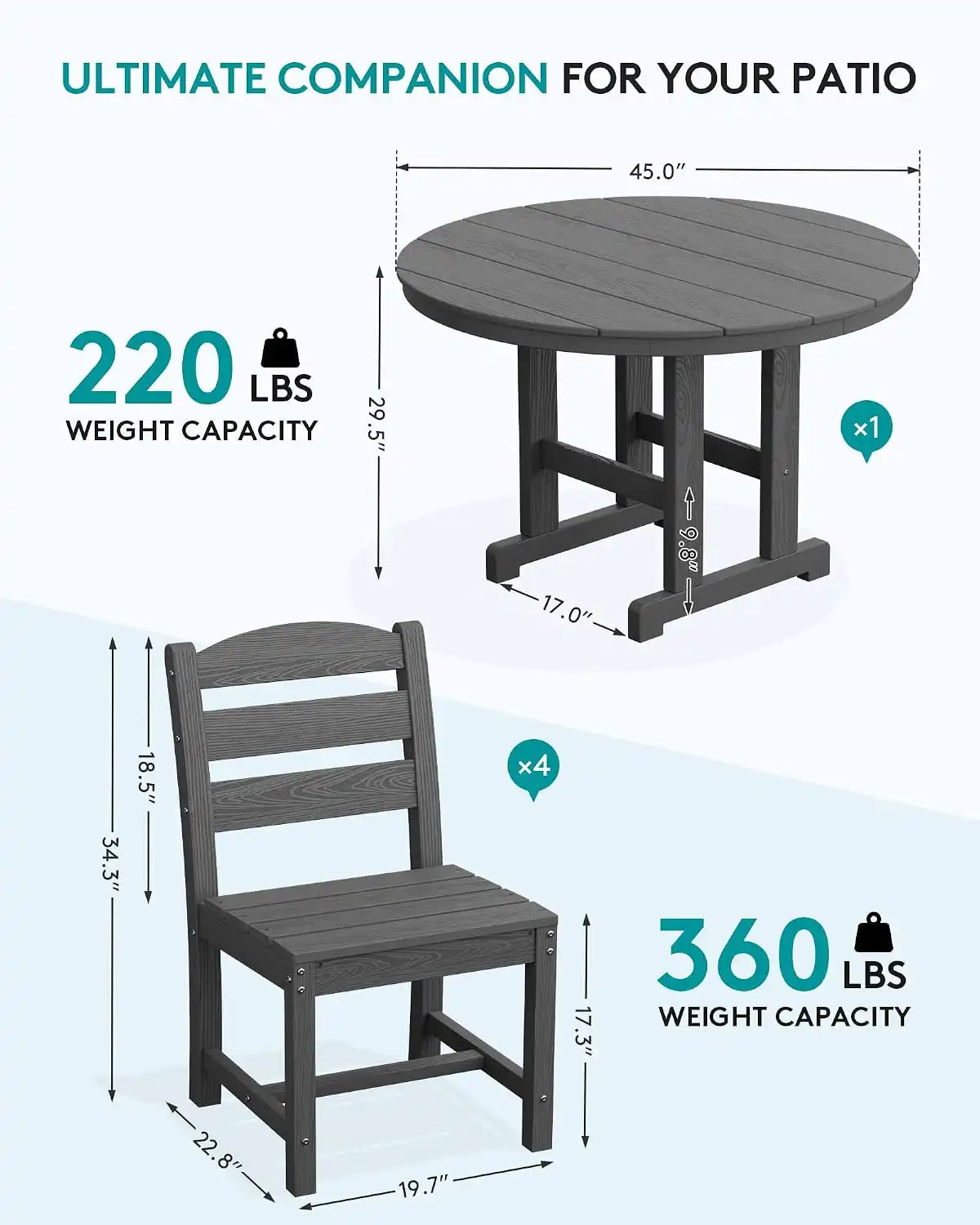 SERWALL 5-Piece Patio Dining Set, 45" Table & 4 Armless Chairs, Grey