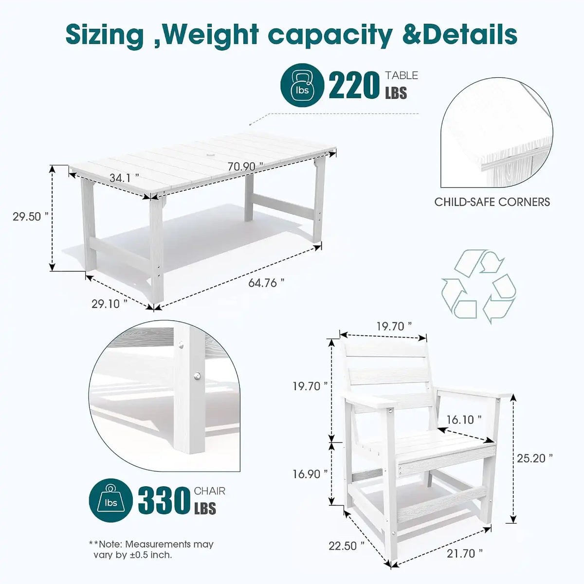 THOEOE 7 Pieces Outdoor Table and Chairs, 70" HDPE Dining Set for 6, White