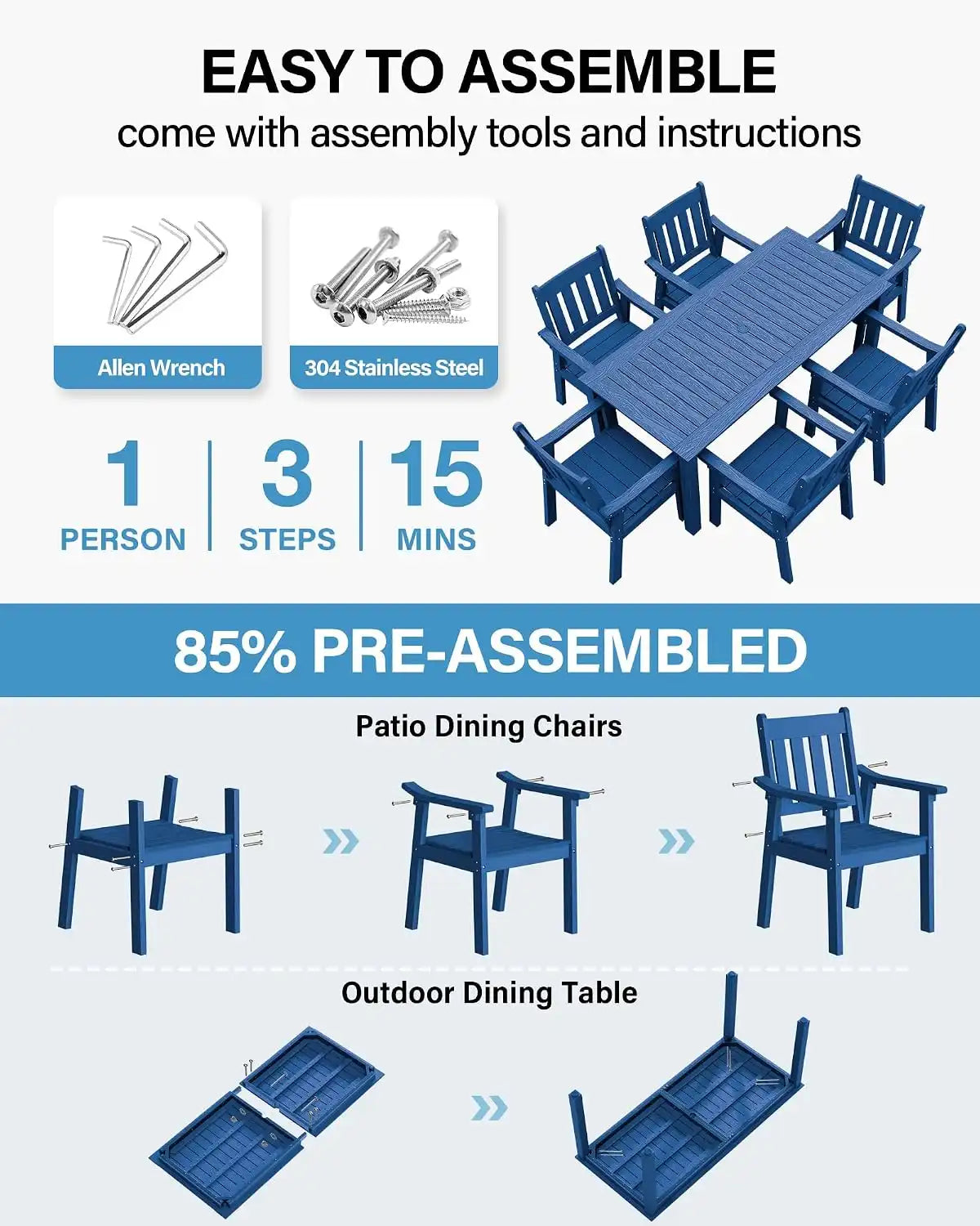 YEFU Patio Dining Chairs Set of 6, Weather Resistant HIPS, Blue