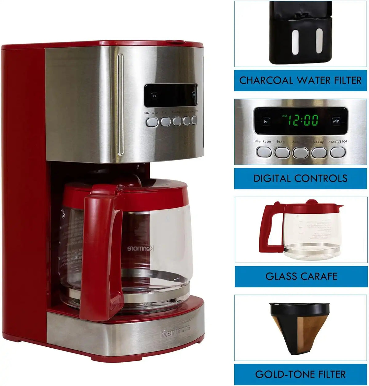 Koolatron Kenmore Drip Coffee Maker - 12-Cup Programmable Coffee Machine With Glass Pot, Pause and Pour, Auto Shut-Off, Large Water Reservoir, Reusable Filter, Dishwasher Safe Carafe, Red