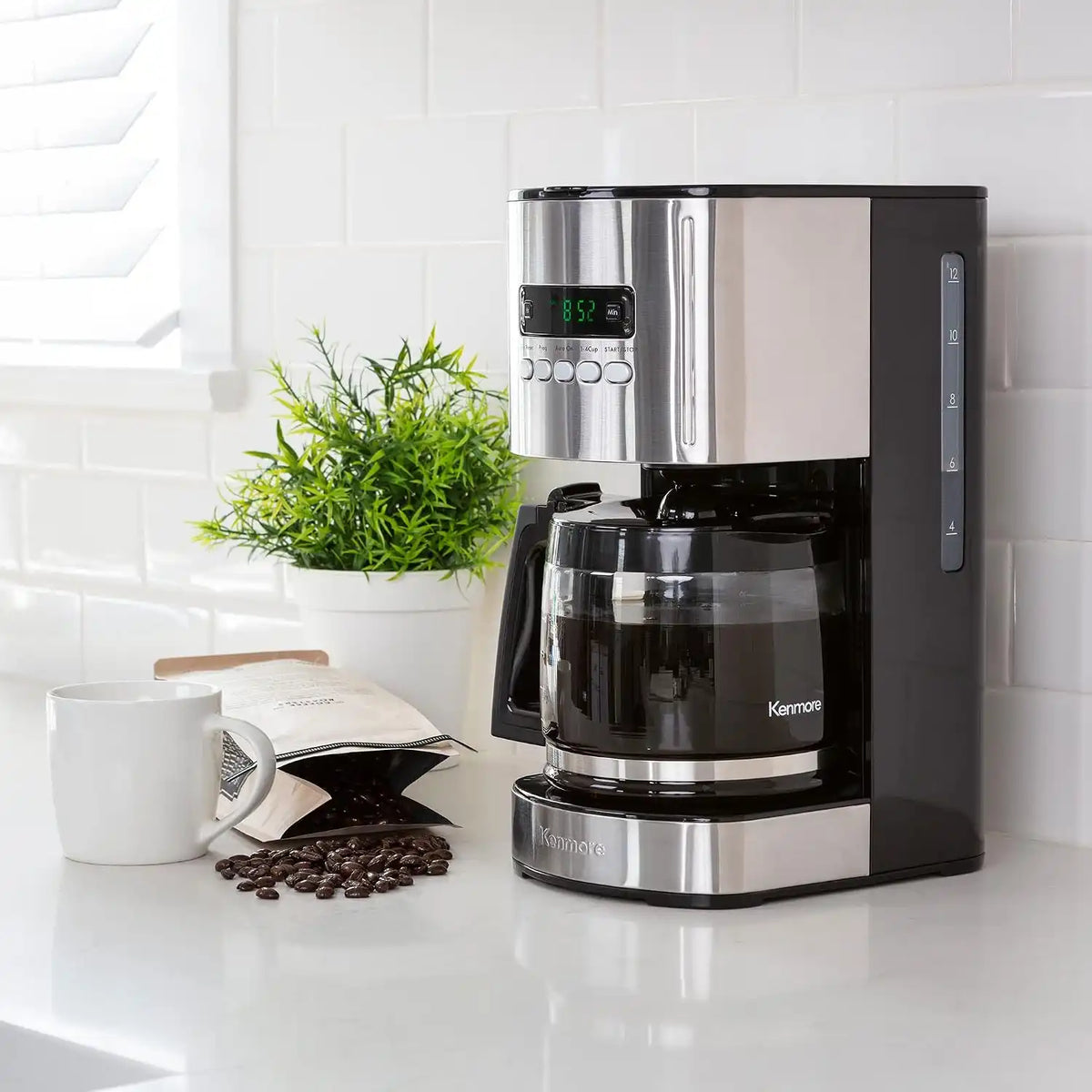Koolatron Kenmore Elite Drip Coffee Maker - 12-Cup Programmable Coffee Machine With Glass Pot, Pause and Pour, Auto Shut-Off, Large Water Reservoir, Reusable Filter, Dishwasher Safe Carafe, Black