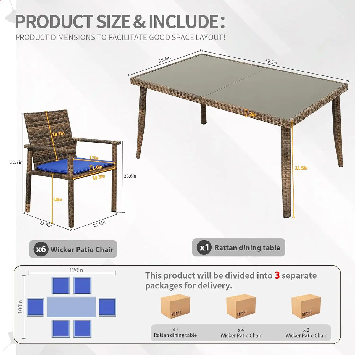 Rattaner Brown Wicker Patio Dining Set 7 Pieces Outdoor Dining Table and Chairs with Cushions and Waterproof Cover, Royal Blue
