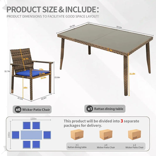 Rattaner Brown Wicker Patio Dining Set 7 Pieces Outdoor Dining Table and Chairs with Cushions and Waterproof Cover, Royal Blue