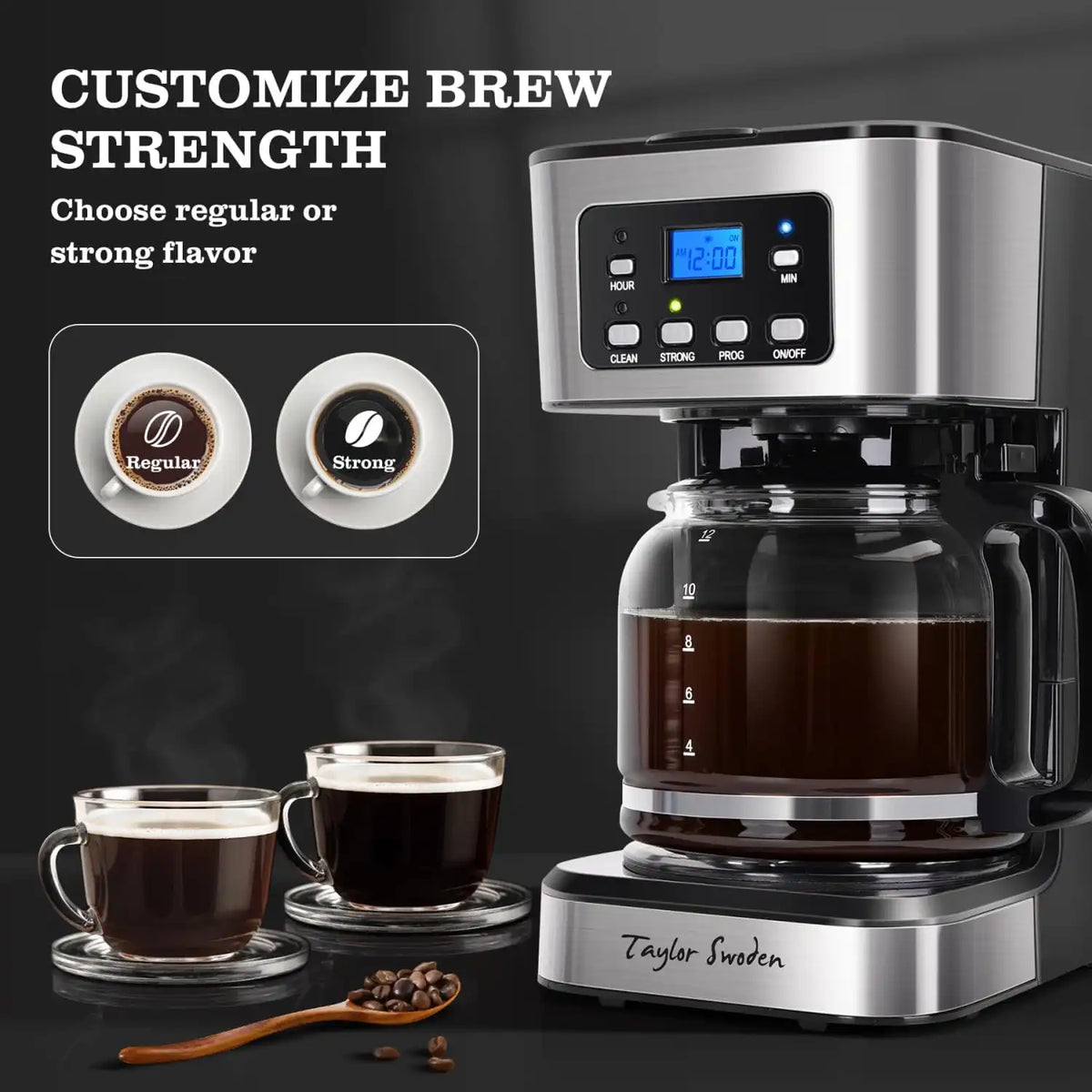 Taylor Swoden 12-Cup Programmable Coffee Maker, Black & Stainless Steel