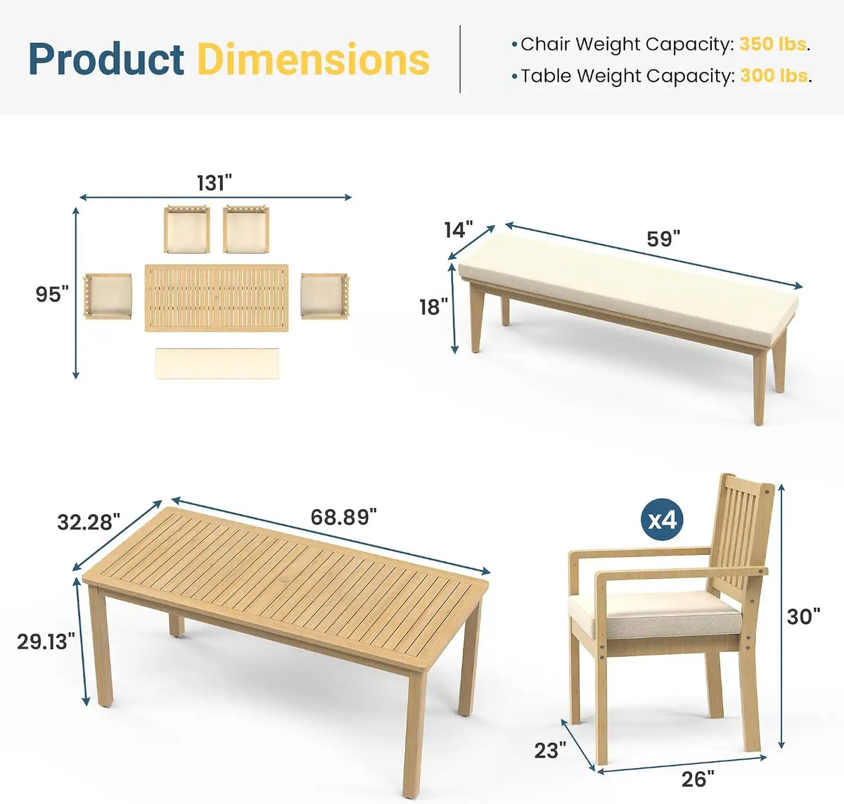 Wisteria Lane 6-Pieces Acacia Outdoor Patio Dining Table and Chairs for 6