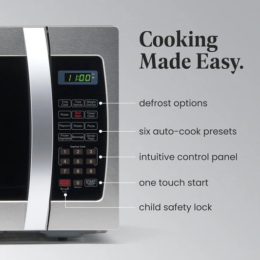Farberware 1.3 Cu. Ft. Countertop Microwave Oven – 1000 Watts Power, Auto Cook Settings, Defrost, Easy Clean and Child Safety Lock - Stainless
