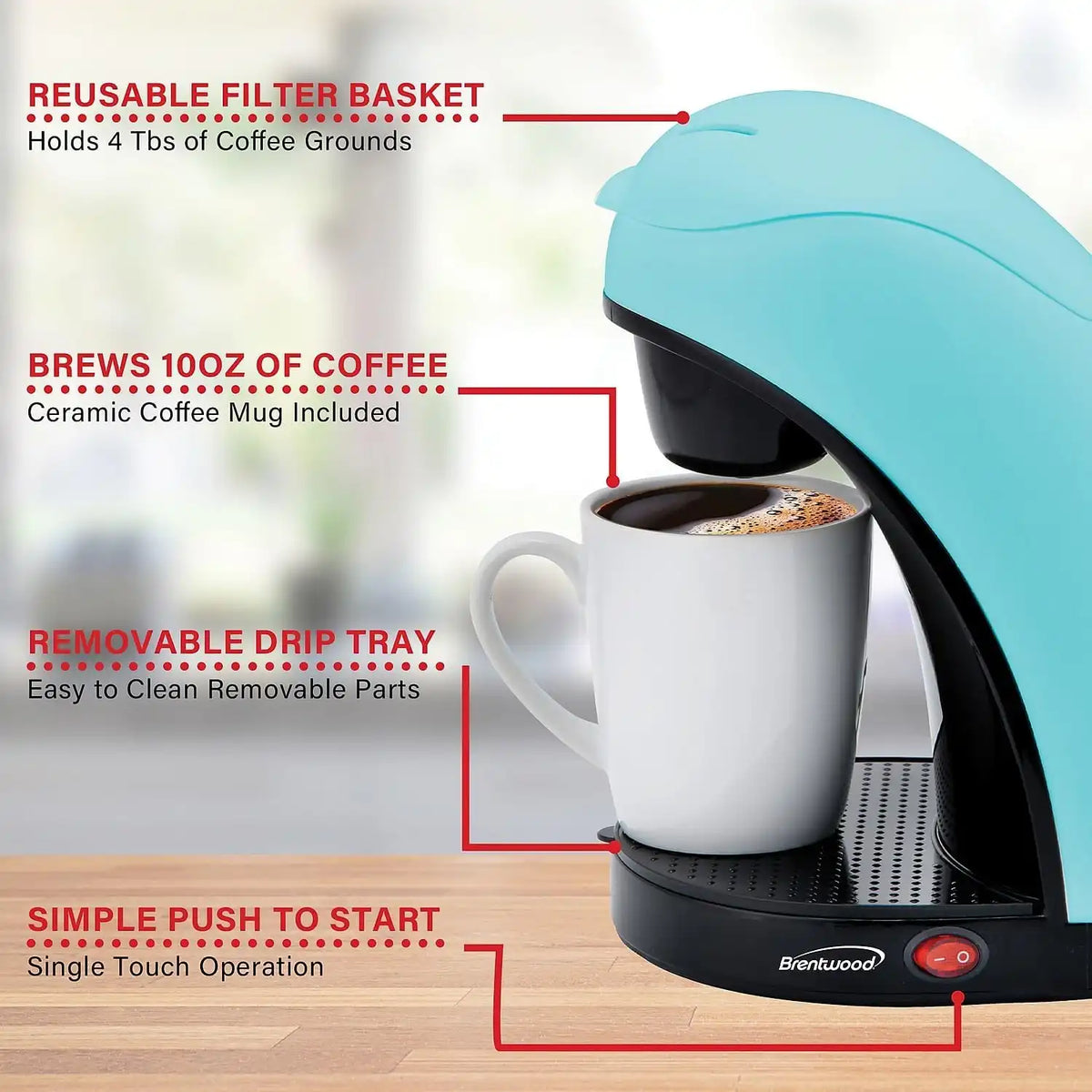 Brentwood TS-112BL Single-Serve Coffee Maker with Mug (Blue)