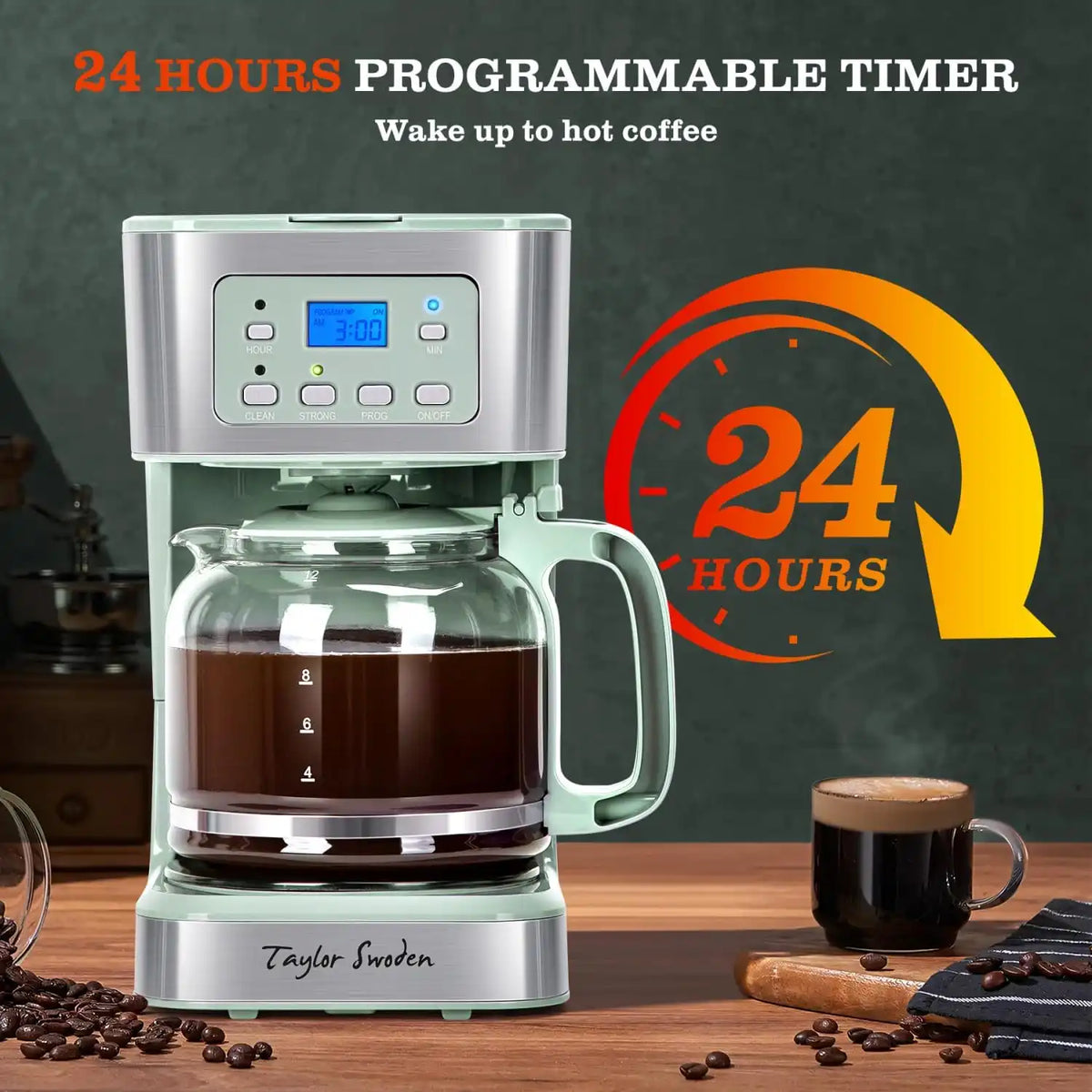 Taylor Swoden 12-Cup Programmable Coffee Maker, Green & Stainless Steel