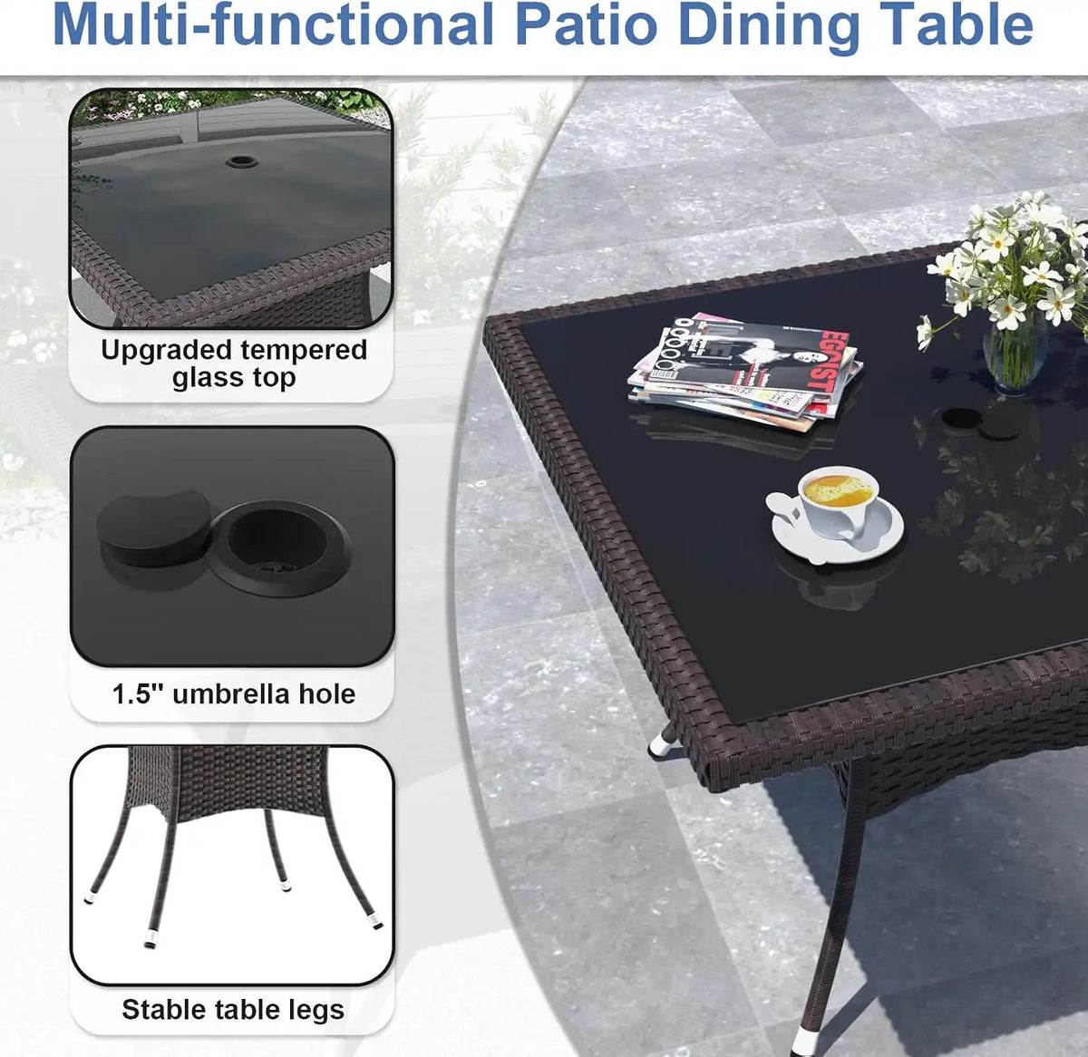 ALAULM 5 Piece Patio Dining Set All-Weather Wicker Outdoor Furniture Set w/Tempered Glass Tabletop, Removable Cushions and Umbrella Hole for Patio, Backyard, Garden, Poolside（Navy）