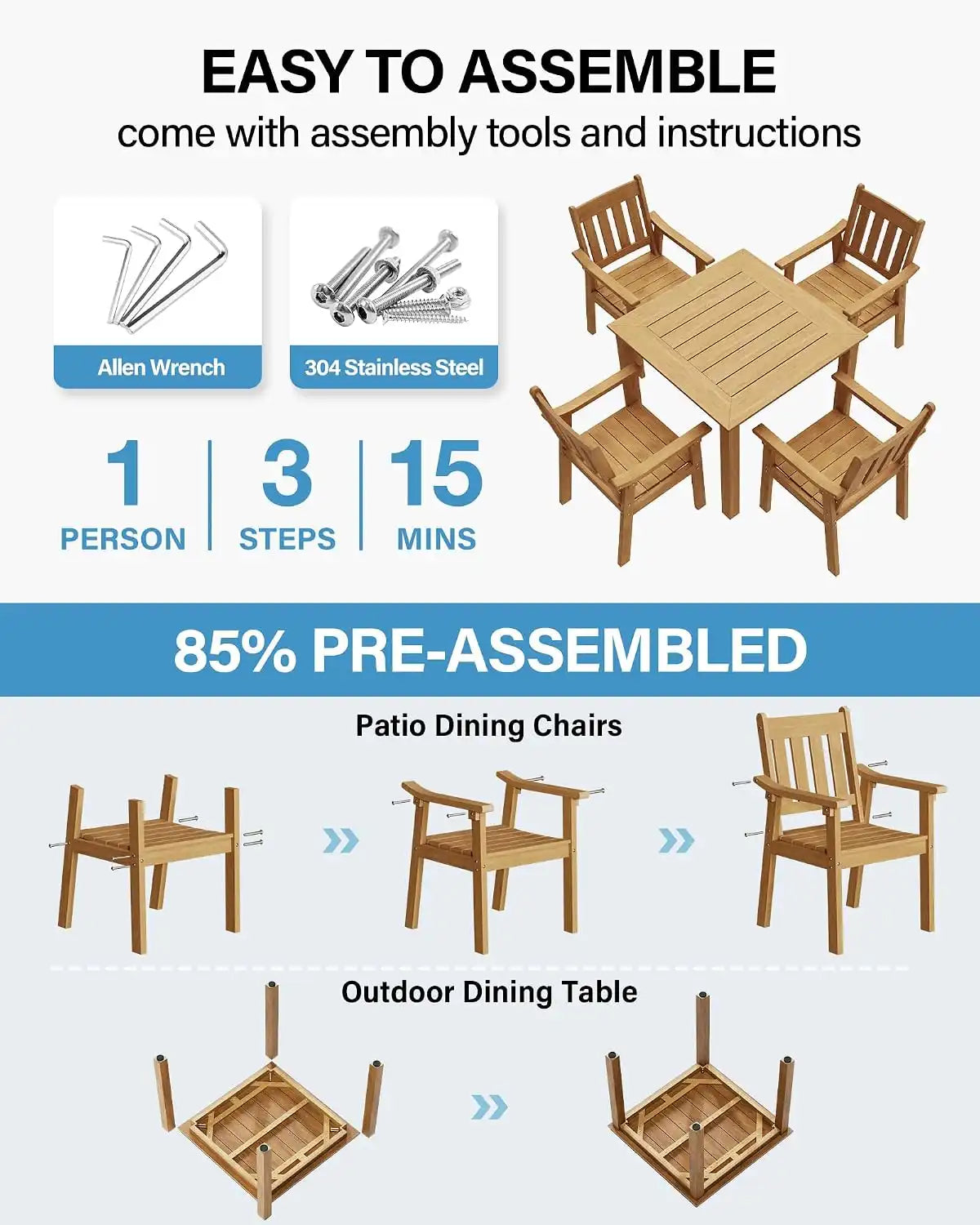 YEFU Patio Table Set for 4, All-Weather HIPS, Metal Aluminum Frame, Teak