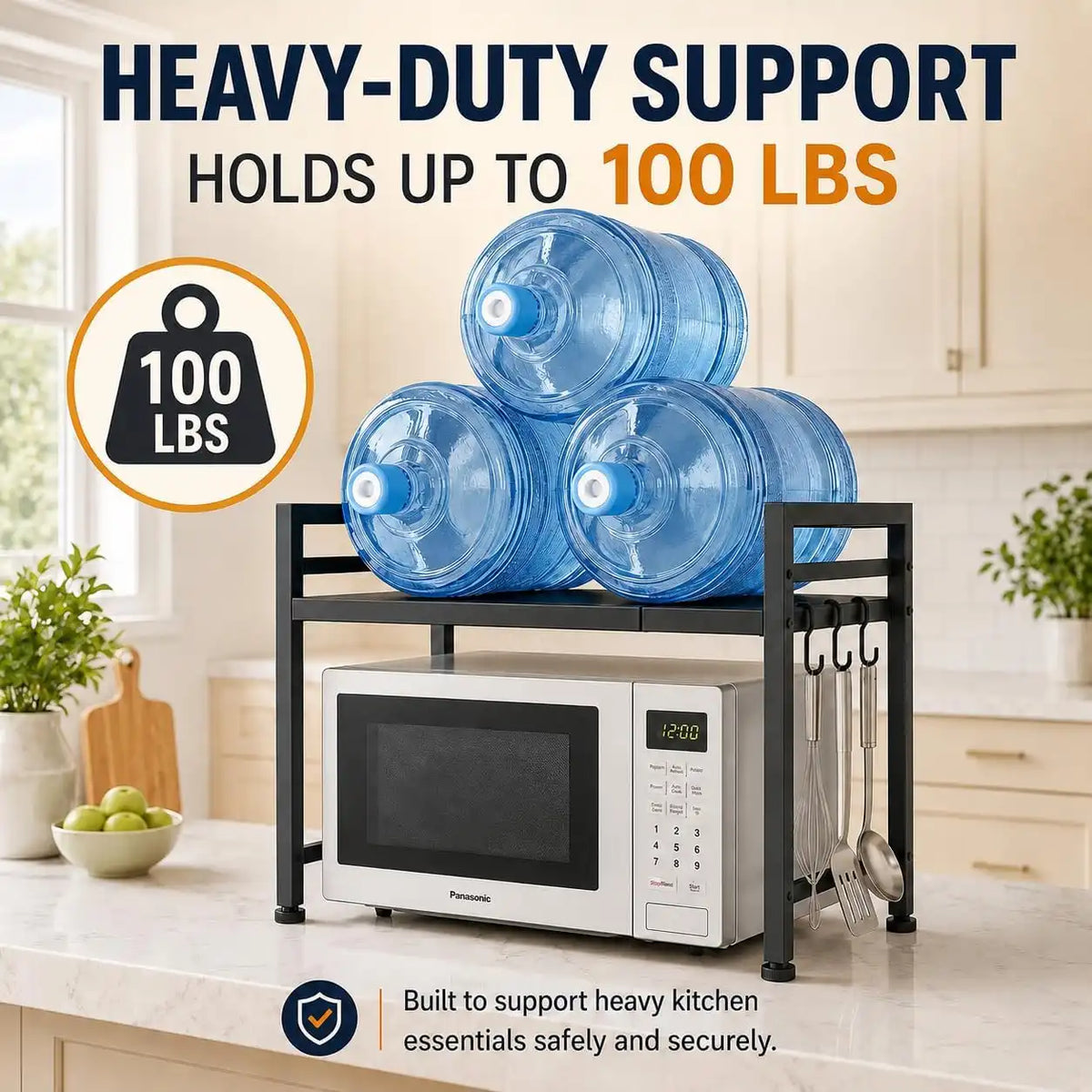 Microwave Rack, Adjustable Carbon Steel Stand with 3 Hooks
