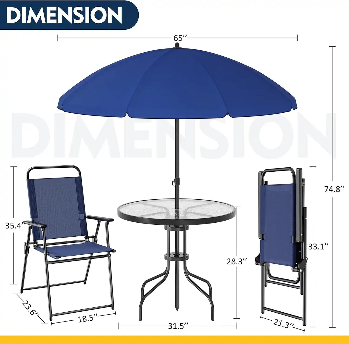 Shintenchi 6 Piece Patio Dining Set with Umbrella, Outdoor Furniture Set with 4 Folding Chairs and Tempered Glass Top Dining Table fot Lawn Backyard Garden Porch, Dark Blue