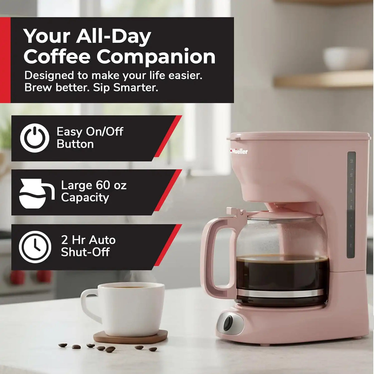 MUELLER HOME 12-Cup Pink Coffee Maker