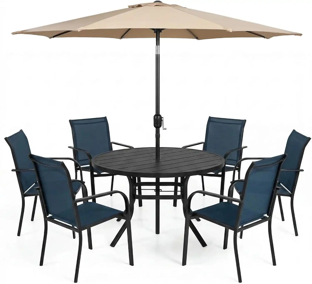 SUNCROWN 8 - Piece Outdoor Dining Set, Patio Furniture Set with 6 Textilene Dinning Chairs, 53" Metal Round Table and 1 Brown 9Ft Patio Umbrella for Lawn Garden Backyard Deck, Blue