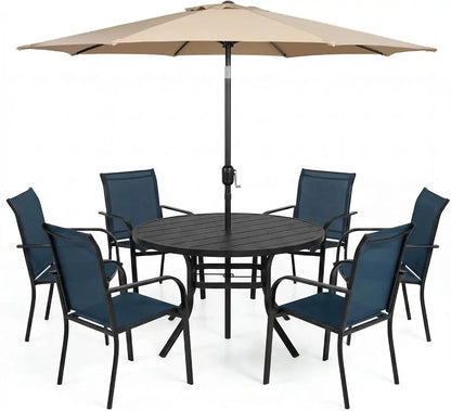 SUNCROWN 8 - Piece Outdoor Dining Set, Patio Furniture Set with 6 Textilene Dinning Chairs, 53" Metal Round Table and 1 Brown 9Ft Patio Umbrella for Lawn Garden Backyard Deck, Blue