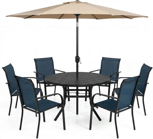 SUNCROWN 8 - Piece Outdoor Dining Set, Patio Furniture Set with 6 Textilene Dinning Chairs, 53" Metal Round Table and 1 Brown 9Ft Patio Umbrella for Lawn Garden Backyard Deck, Blue