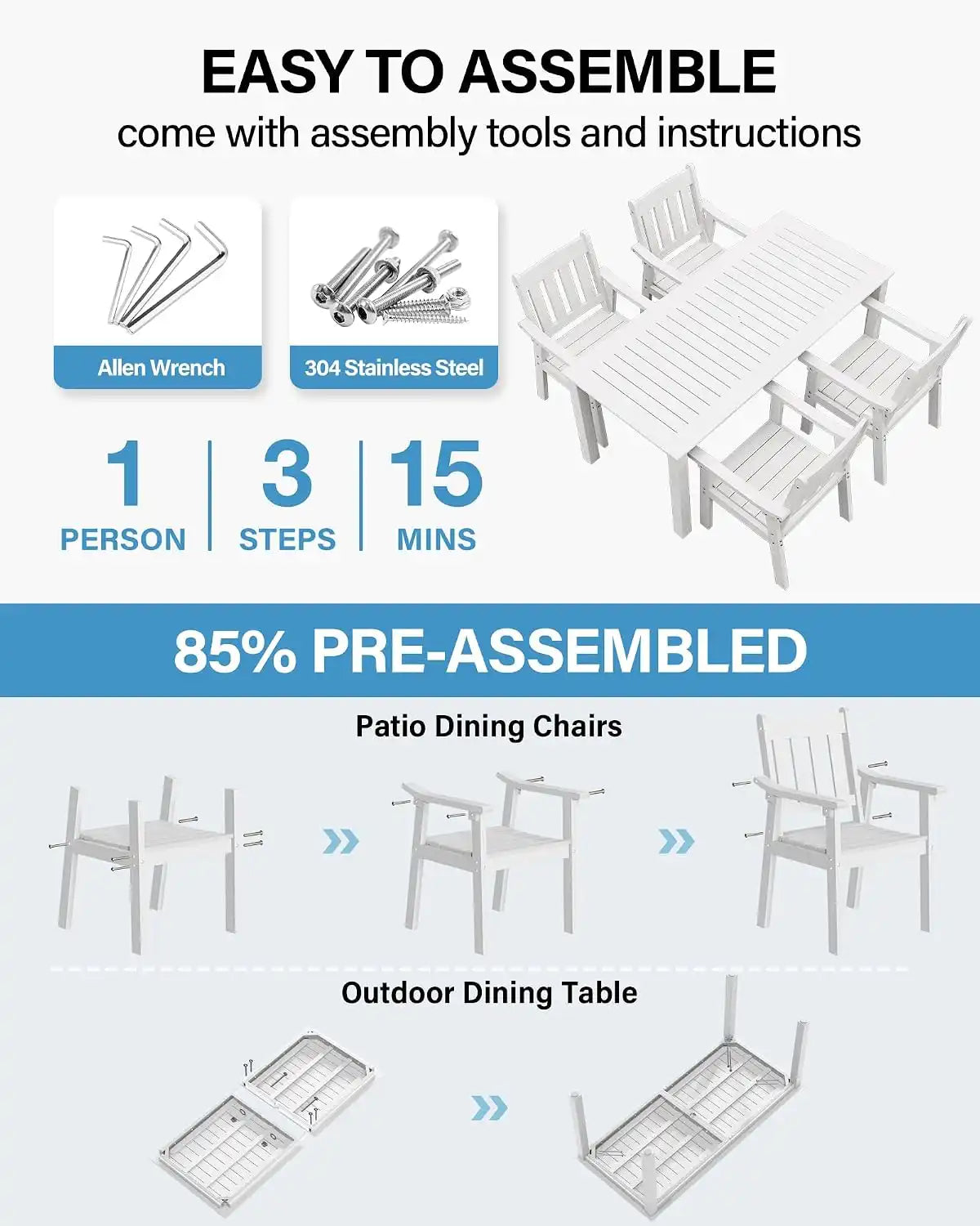 YEFU Patio Dining Chairs Set of 4, Weather Resistant HIPS, White