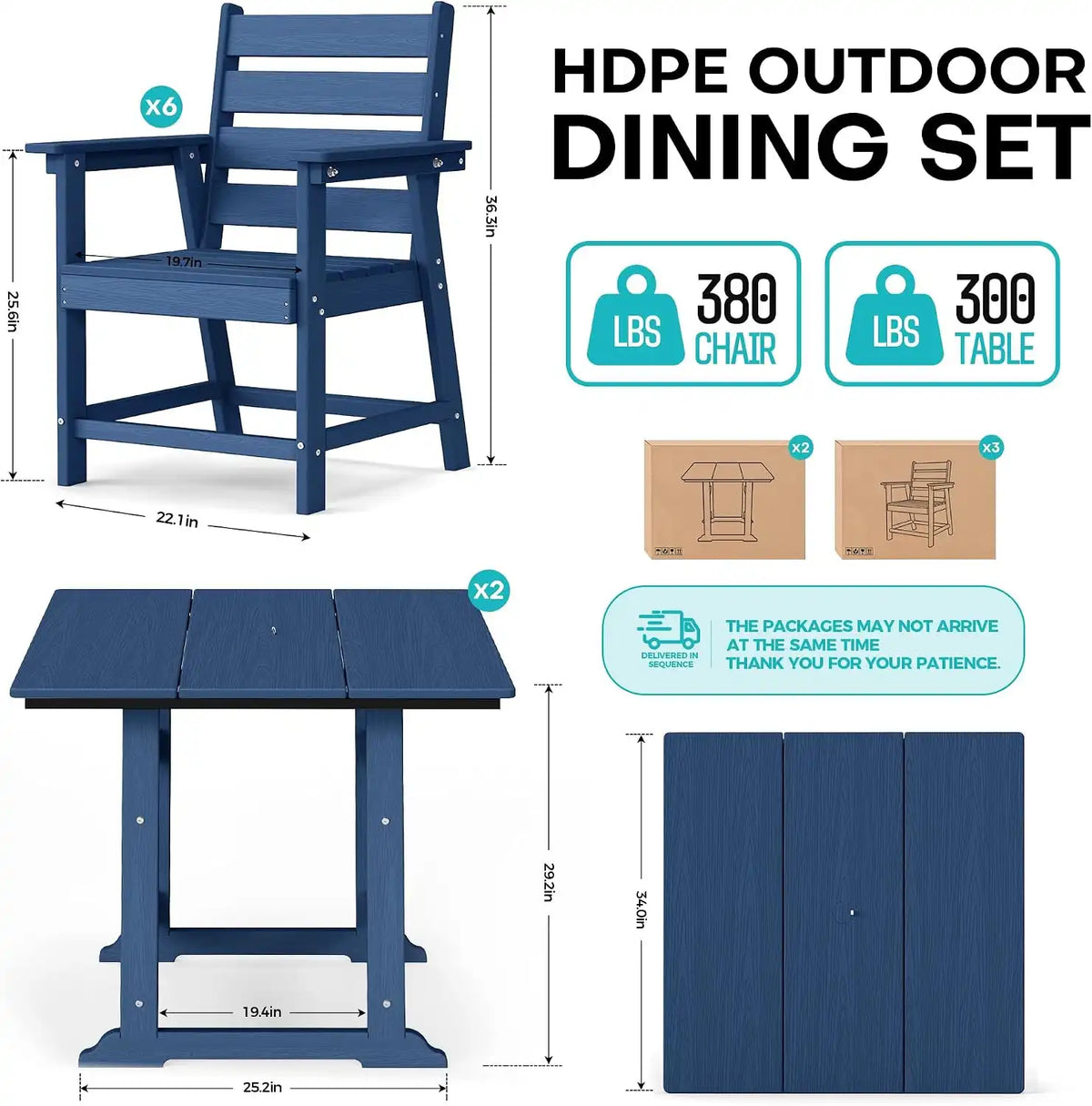 HDPE Outdoor Dining Set, Patio Dining Set of 8, Navy